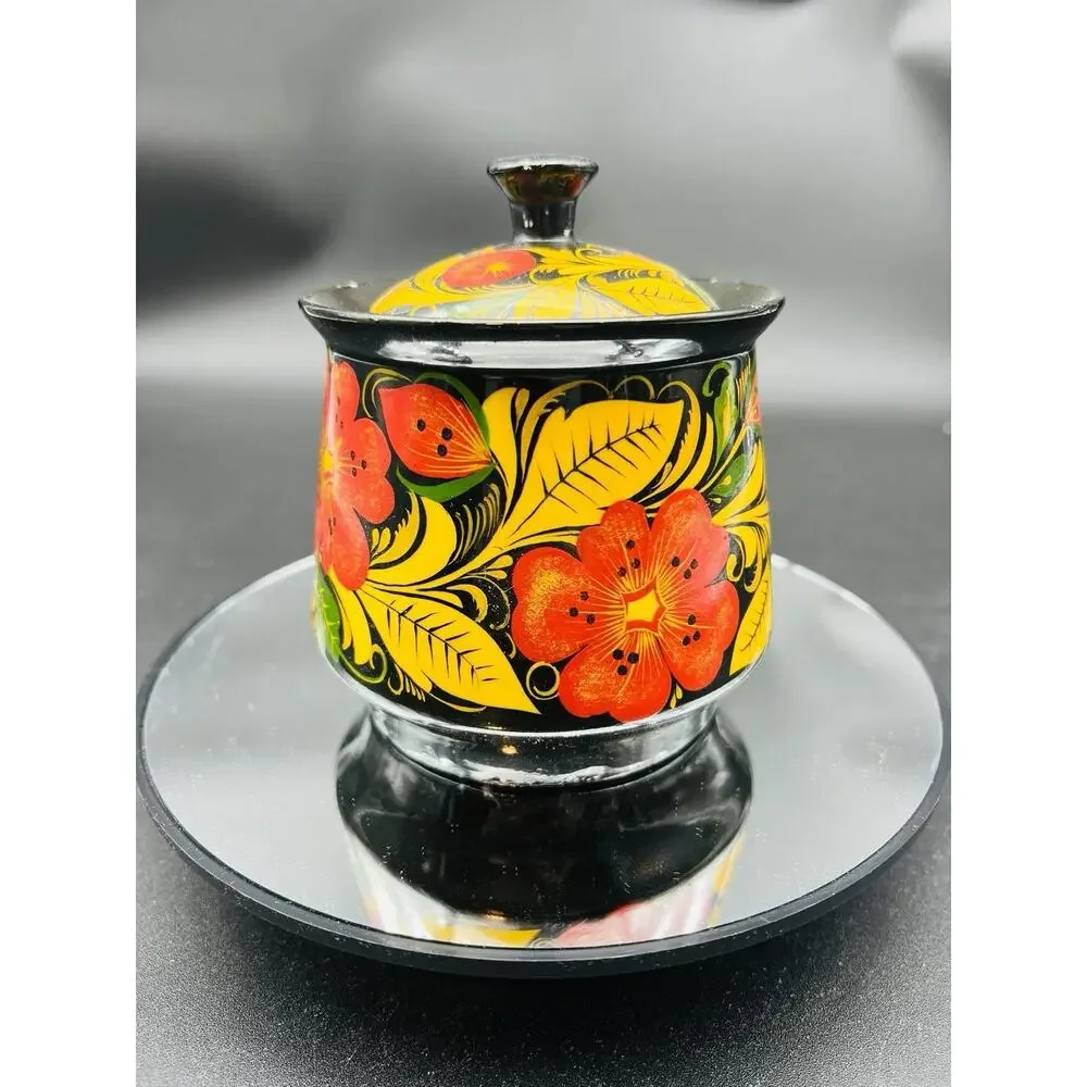 Russian USSR Lacquer Khokhloma Lidded Jar Canister 4